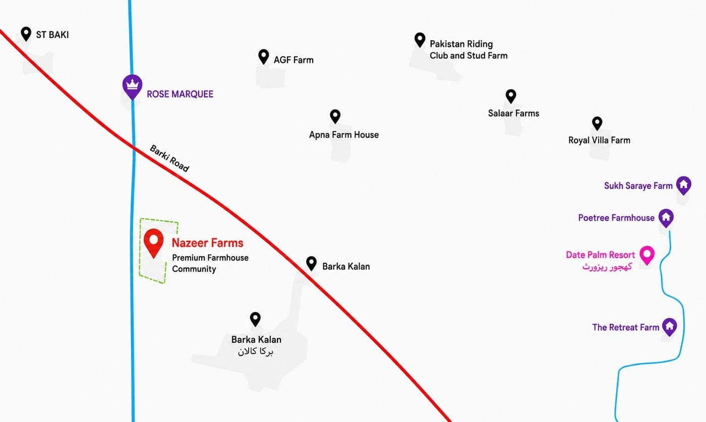 Nazeer Farms location map — Main Barki Road, near Rose Marquee, AGF Farm and Salaar Farms, 1 km from the BRB Canal