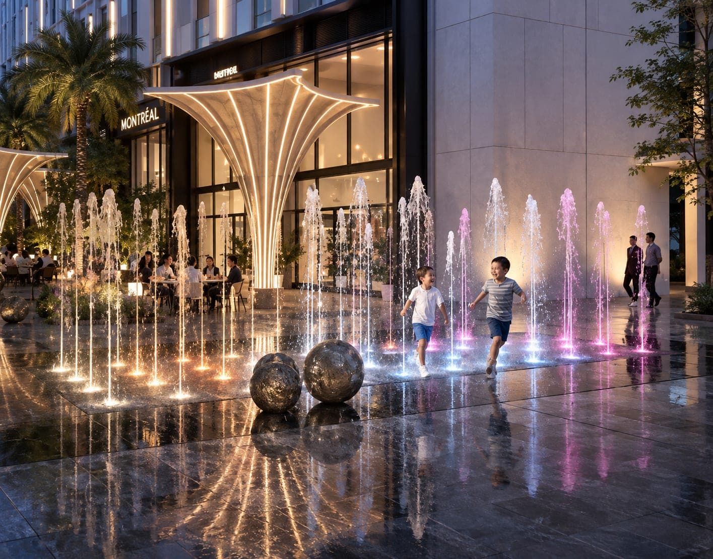 NSIT Pulse musical fountain plaza in the evening with families and shopfronts