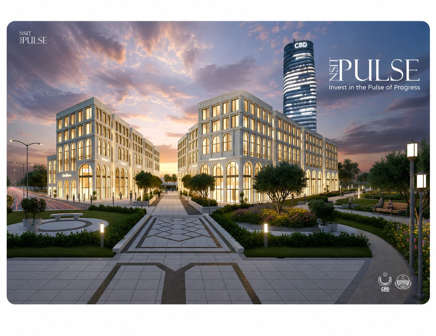 NSIT Pulse premium retail plaza at dusk — CBD NSIT City