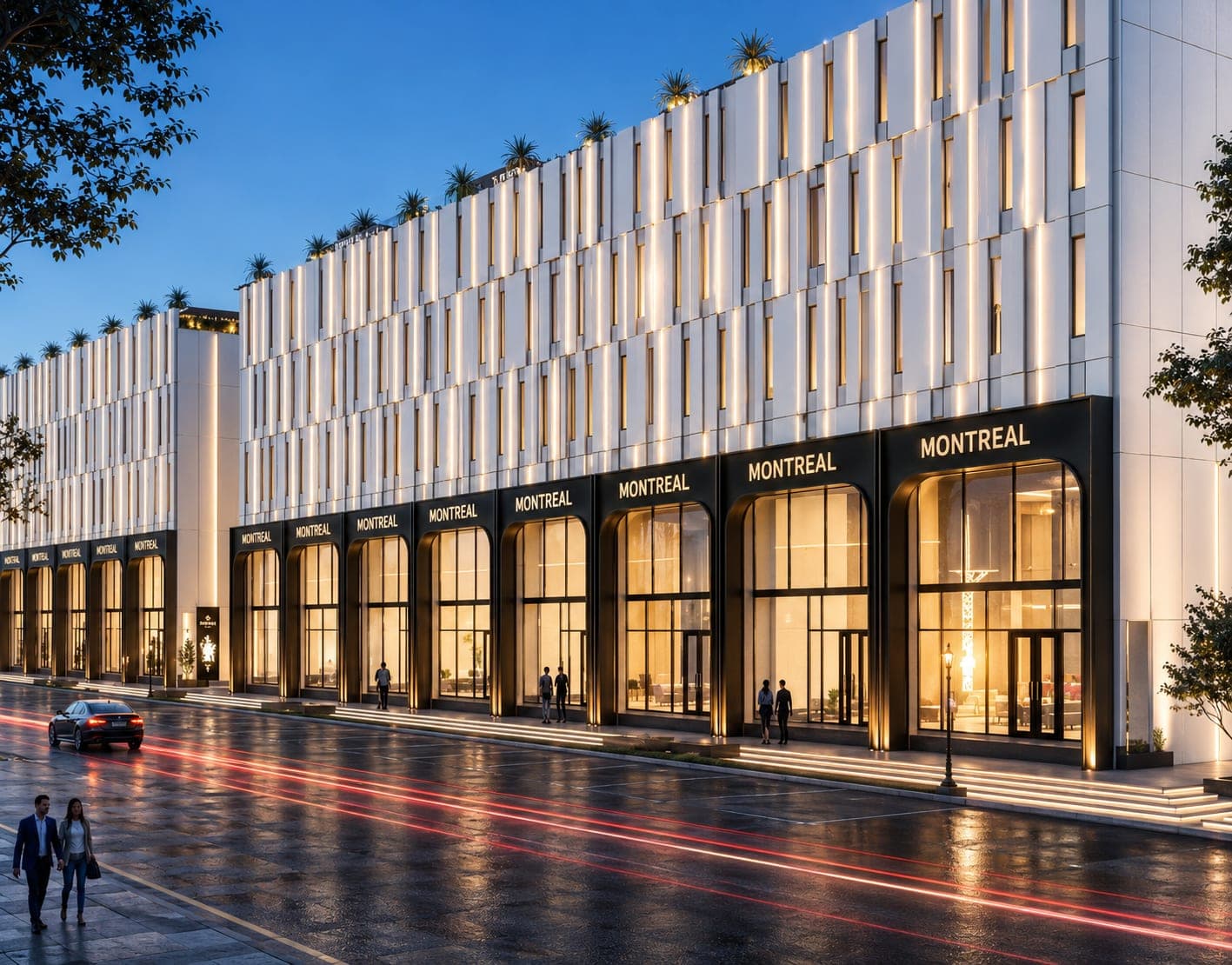 NSIT Pulse boulevard-facing retail facade lit up at night along the main road