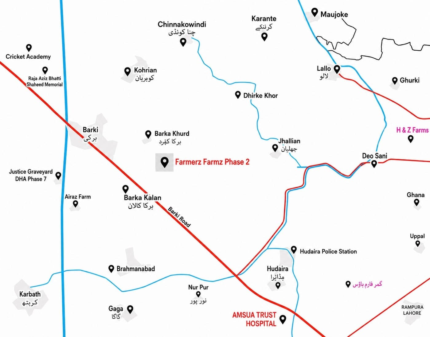 Farmerz Farmz Phase 2 location map — Barki Road between Barka Kalan and Deo Sani, near DHA Phase 7