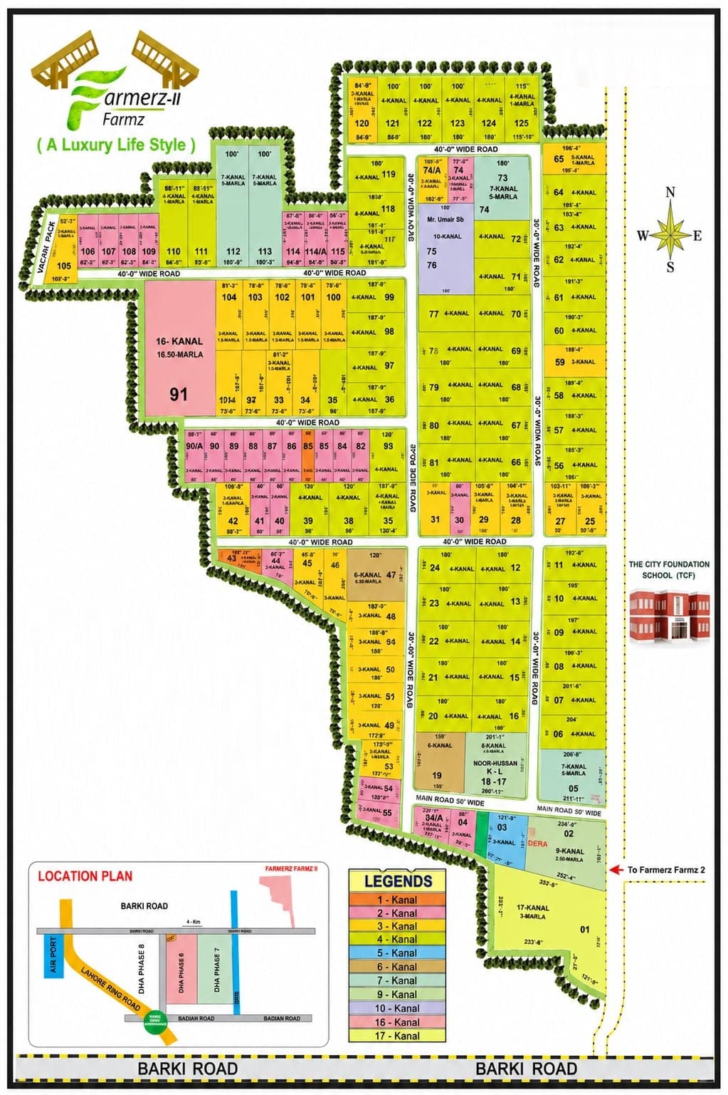 Farmerz Farmz Phase 2 master plan — 2, 4, 6 and 8 Kanal blocks along a 40-foot internal road network