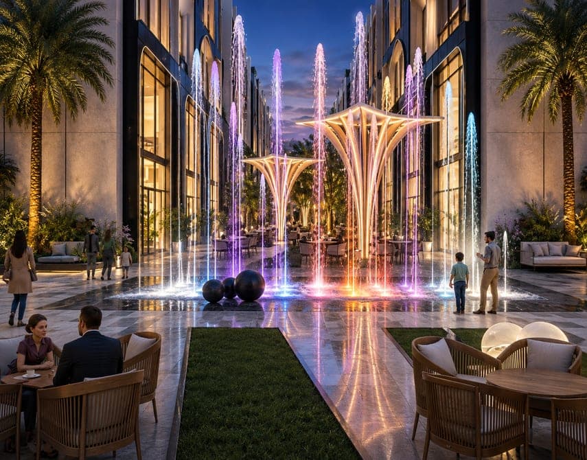 NSIT Pulse central courtyard with illuminated fountains, dining and lounge seating