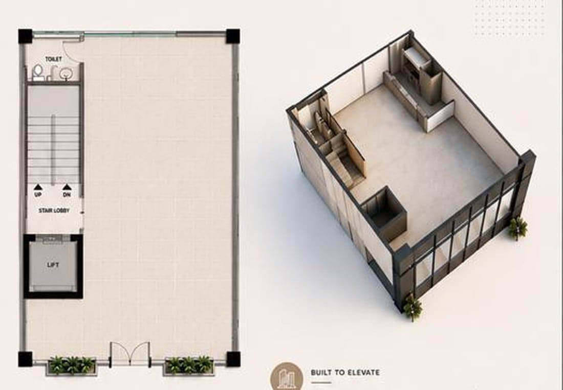 NSIT Pulse first floor plan and 3D layout — 1,125 sq.ft covered area with service areas and vertical circulation