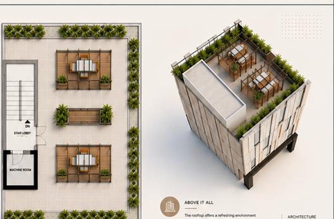 NSIT Pulse rooftop plan and 3D layout — landscaped green retreat with seating areas, service core and open-air zones