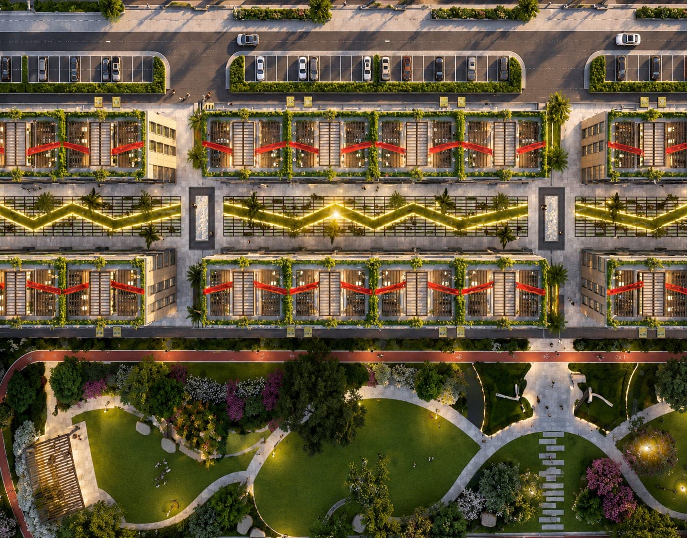 NSIT Pulse master plan aerial — retail plaza rows overlooking the central park and open spaces