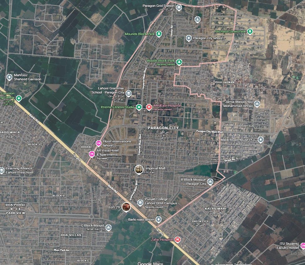 Paragon City Imperial Block II location and nearby landmarks — Airport, Ring Road, Lahore Cantt